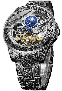 Часы FORSINING Retro Мужские Carved Self Winding Mechanical Tattoo Tourbillon Moon Phase Independent Second Skeleton Automatic Большой Циферблат Серебряный, серебряный, Браслет - Фото 1