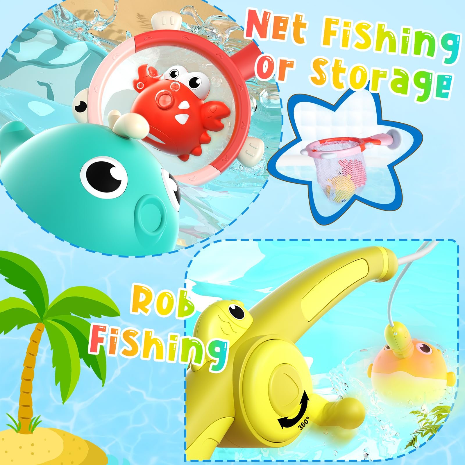 Іграшка для ванни Магнітна риболовля для дітей від 1 року, 7 предметів: 3 магнітні іграшки з підсвічуванням, заводний плаваючий каченя, сачок, вудка, сплеш-м'яч, фото №3