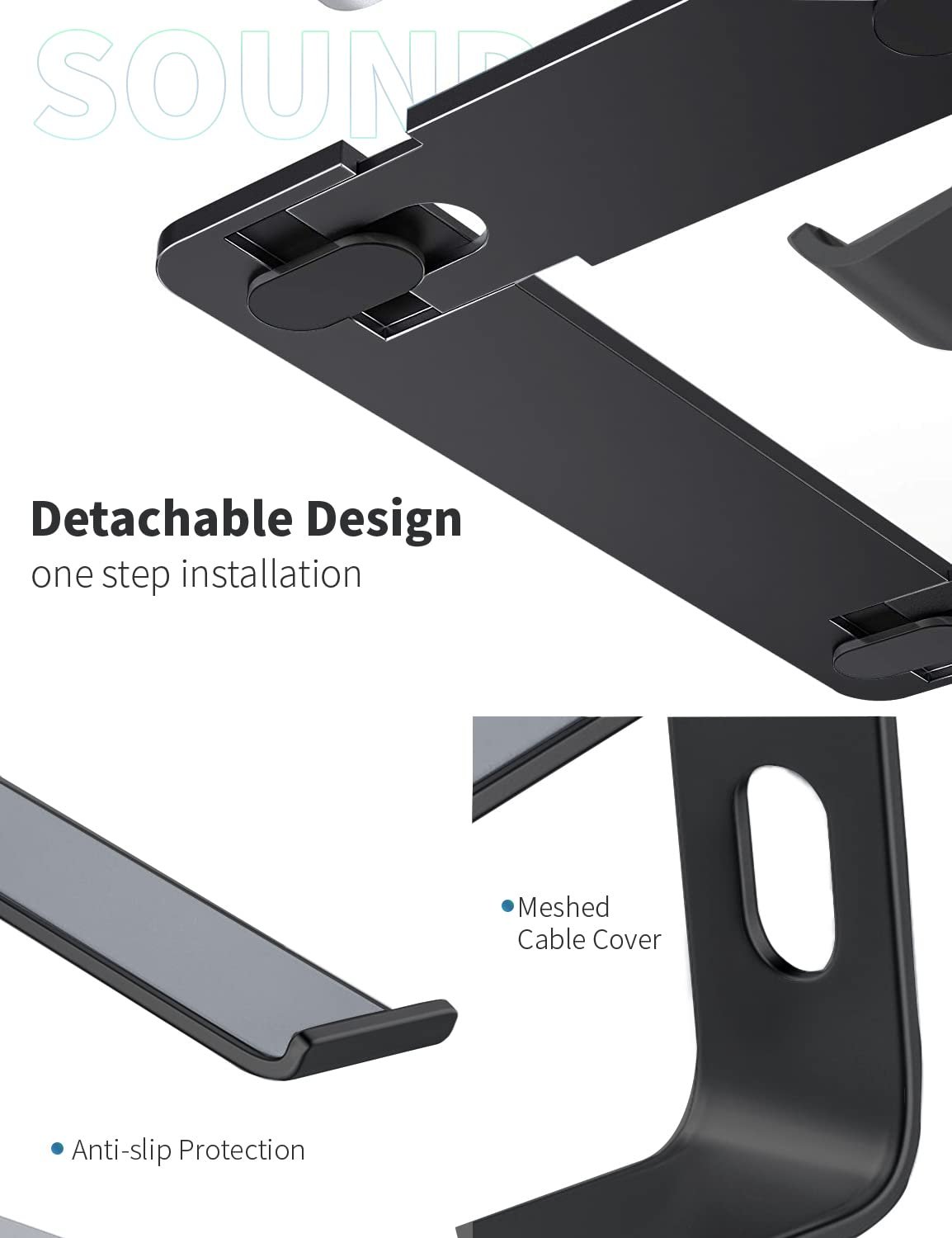 Подставка для ноутбука SOUNDANCE, алюминиевая подставка для компьютера, эргономичная подставка для ноутбука для стола, металлический держатель, совместима с ноутбуками 25,5-39,6 см, черная, фото №5