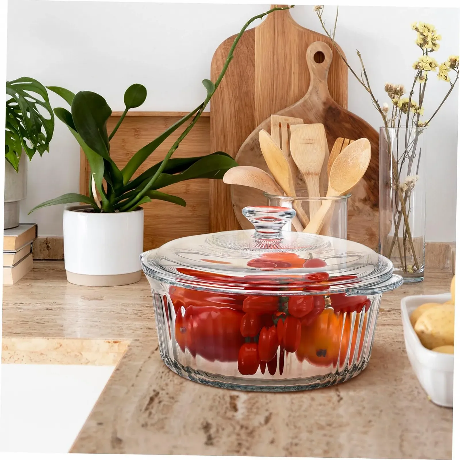 Форма для запікання скляна кругла з кришкою термостійка з боросилікатного скла, фото №7