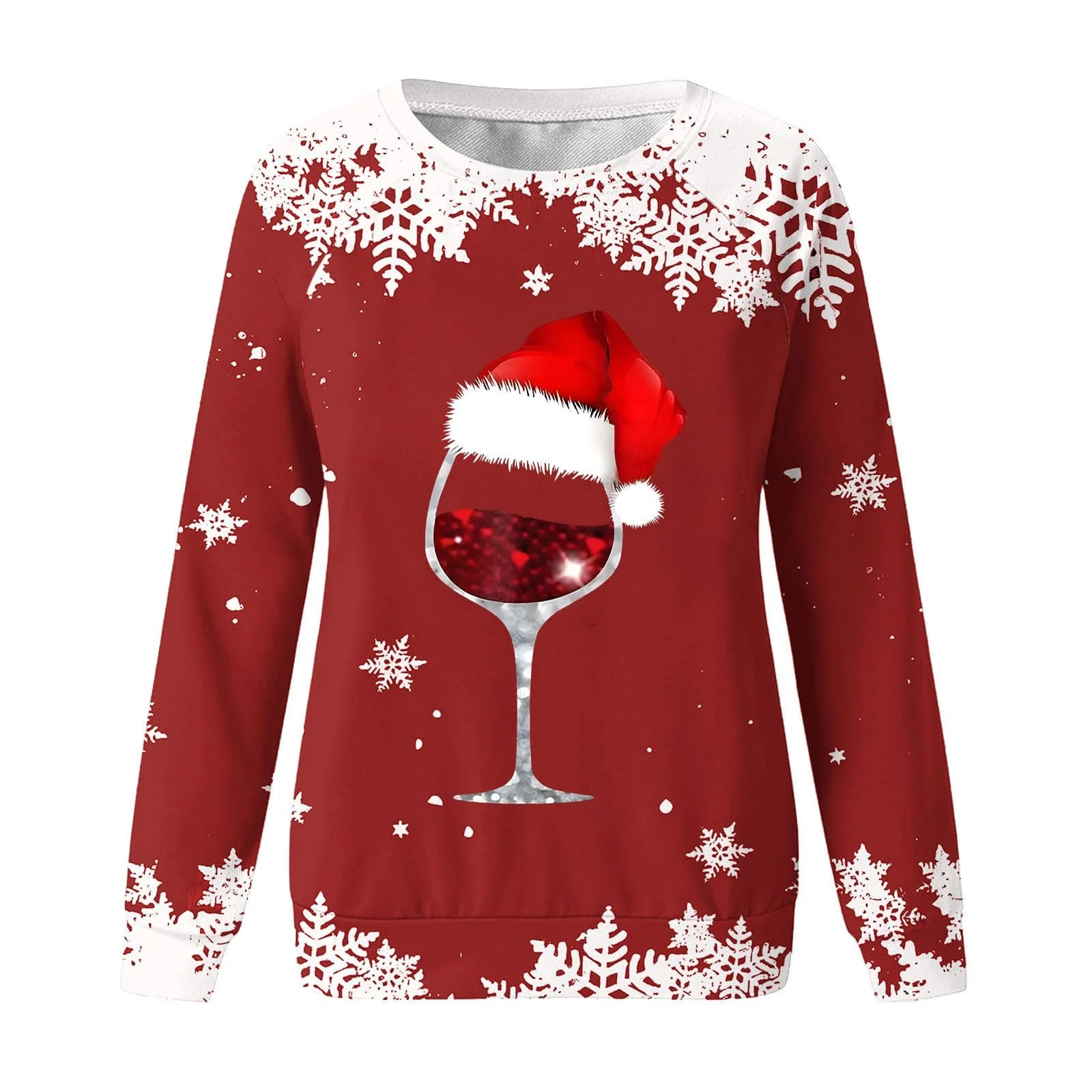 Рождественский джемпер tsaChick Женская кофта с длинными рукавами Рождественский мотив Снежинка Винный бокал, фото №4
