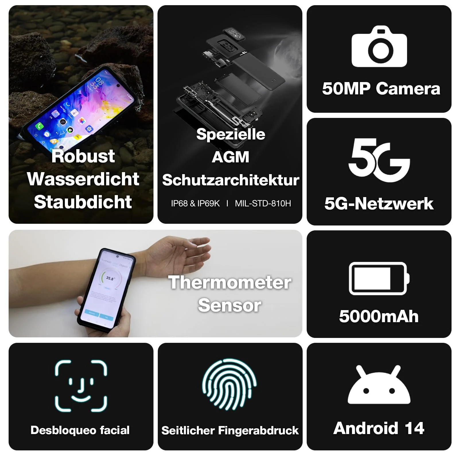 Защищенный смартфон AGM X6 5G 8/128GB 5000 mAh IP68/IP69K MIL-STD-810H 6.78" FHD+ 50MP+16MP Dual SIM NFC, фото №2 Защищенный смартфон AGM X6 5G 8/128GB 5000 mAh IP68/IP69K MIL-STD-810H 6.78" FHD+ 50MP+16MP Dual SIM NFC, фото №2