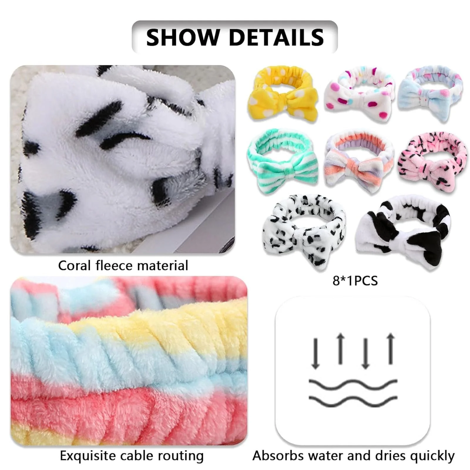 Пов'язка для волосся з бантом для макіяжу, 8 шт, фото №4