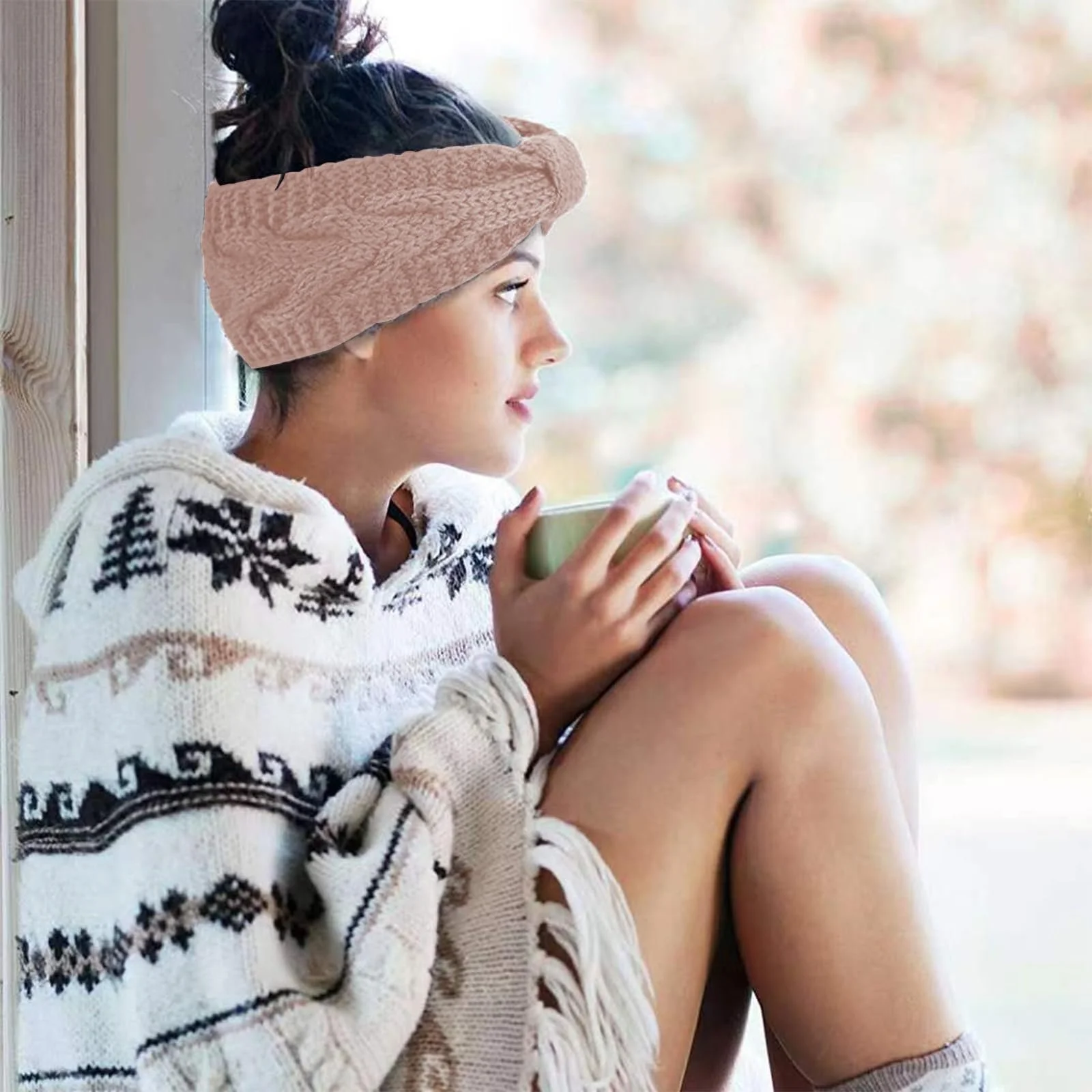 Вязаная Повязка на Голову Женская Эластичная для Согревания Ушей с Перчатками для Спорта Лыжного Осенью и Зимой Розовая, фото №5 Вязаная Повязка на Голову Женская Эластичная для Согревания Ушей с Перчатками для Спорта Лыжного Осенью и Зимой Розовая, фото №5