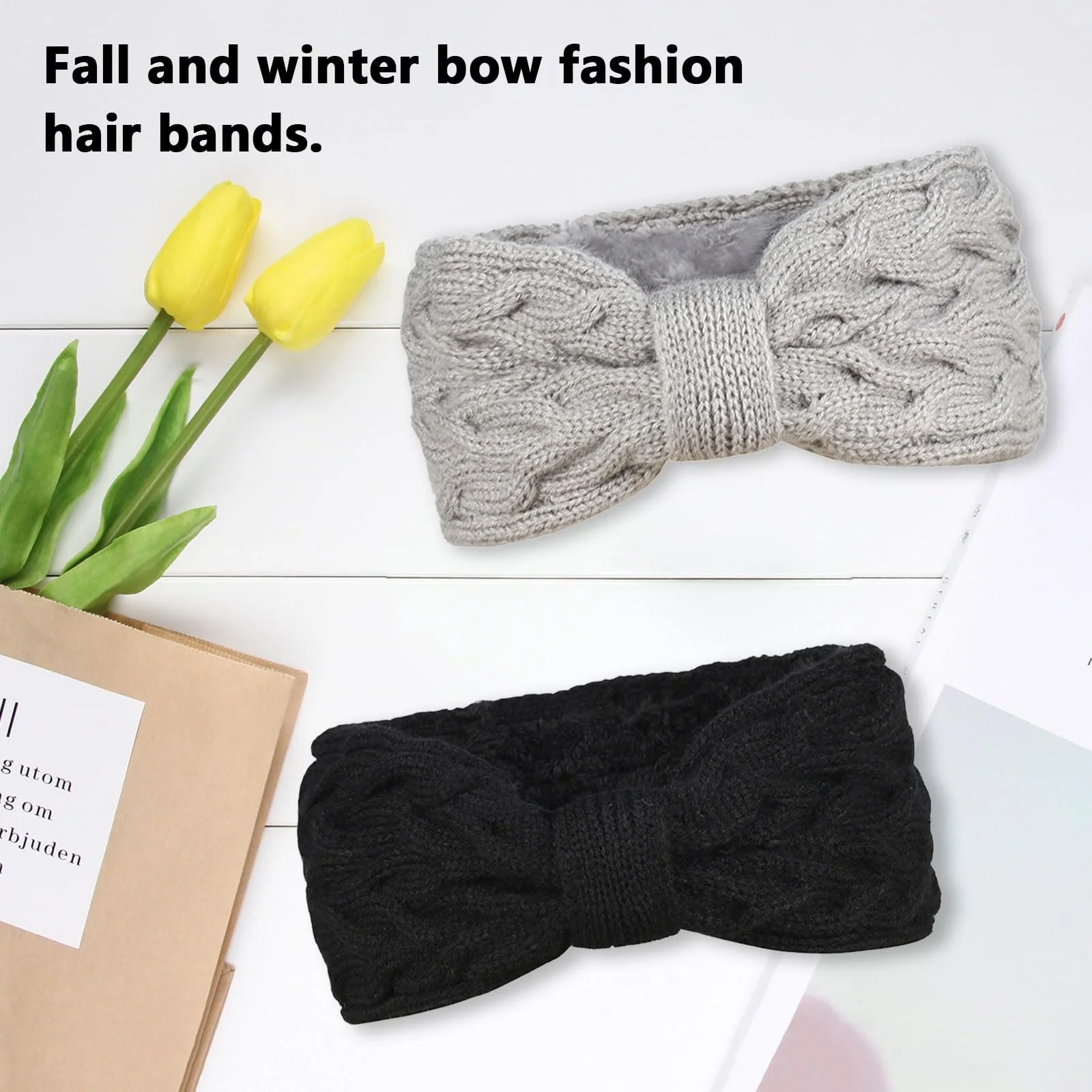 В'язана тканинна еластична пов'язка на голову, чорний і сірий, фото №4