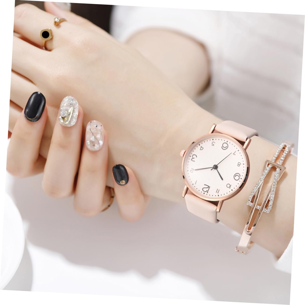 Наручные часы PartyKindom 2 шт. Кварцевые С браслетом PU и бежевым, фото №5