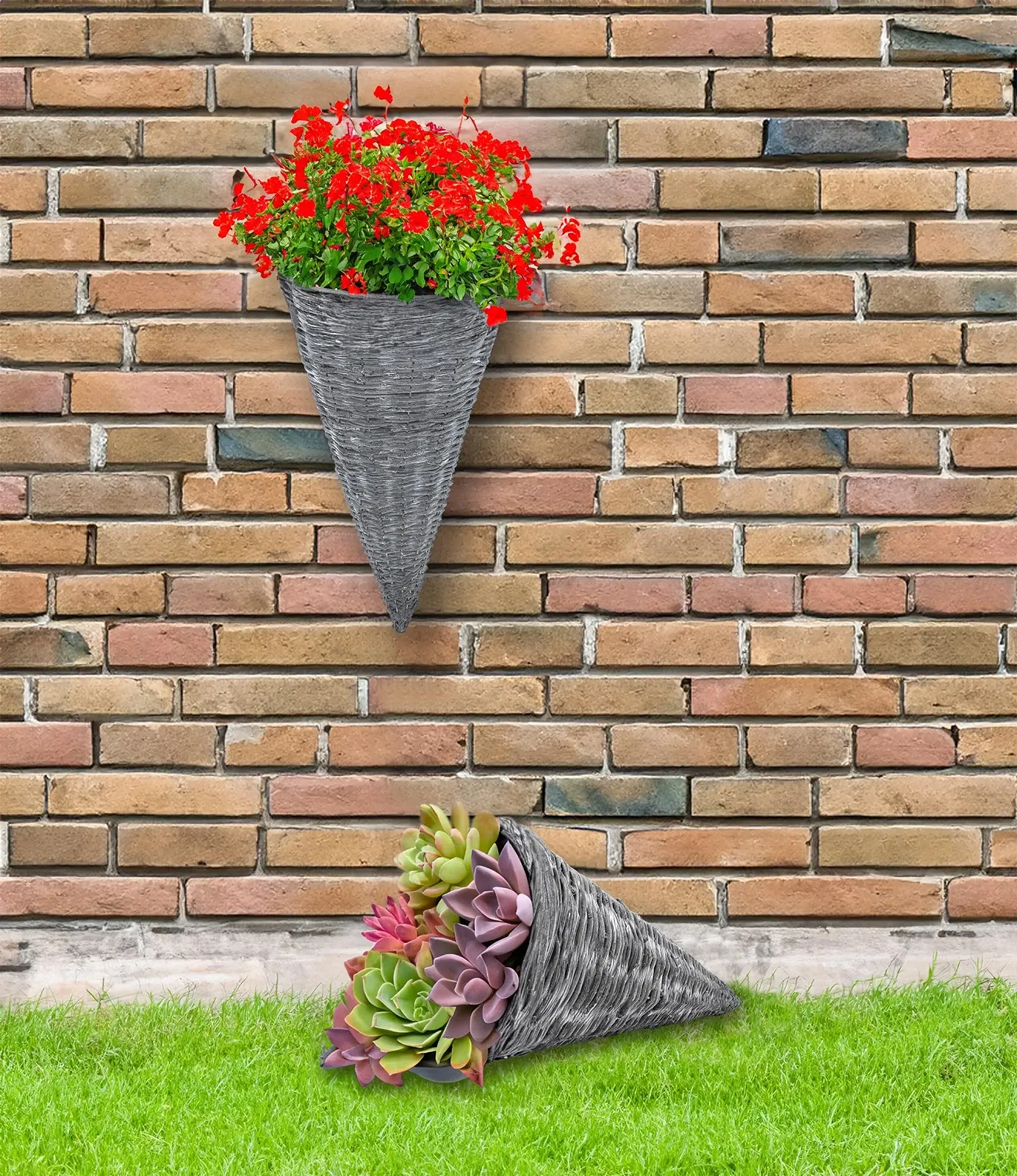 Підвісні кошики Spetebo Набір із 2 шт. Ратанові конусоподібні 41 x 24 см Shabby Grey, фото №5 Підвісні кошики Spetebo Набір із 2 шт. Ратанові конусоподібні 41 x 24 см Shabby Grey, фото №5