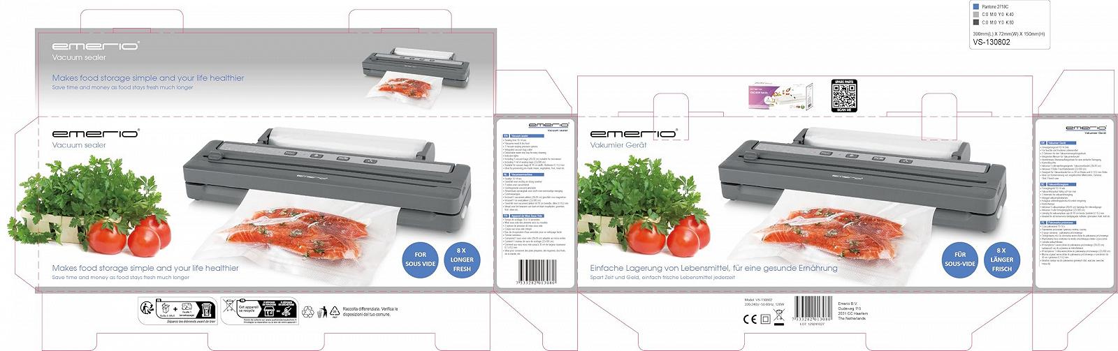 Вакуумный упаковщик Emerio 120 Вт, с 3 м рулоном пленки + 5 пакетами (20 x 30 см), держателем рулона пленки и резаком, для пакетов шириной до 30 см, фото №5