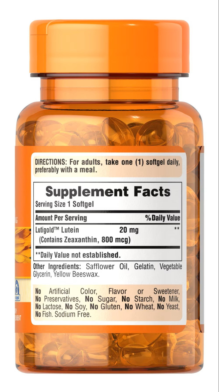 Лютеин с зеаксантином Puritan's Pride Lutein 20 mg with Zeaxanthin 120 Softgels, фото №2