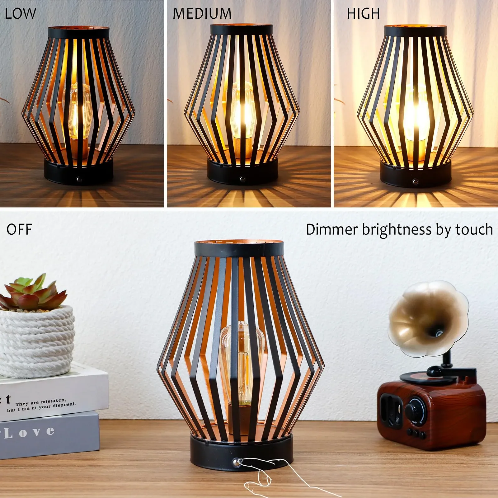 Настільна лампа JHY DESIGN приліжкова з регулюванням яскравості, висота 20 см, акумуляторна, металева клітка з LED лампою в стилі Едісона, бездротова, бронза, фото №3