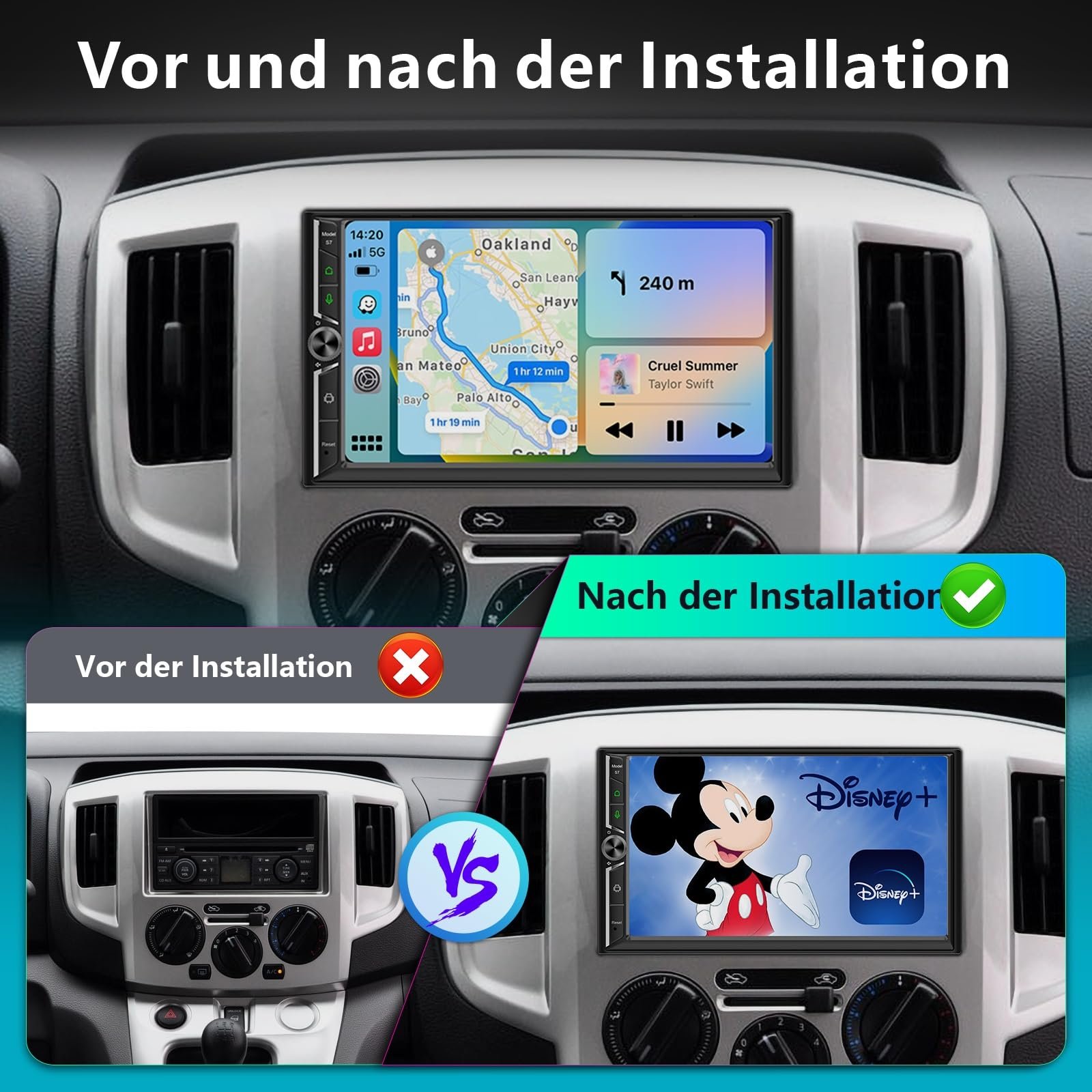 Android автомагнітола 2DIN з бездротовим Carplay, бездротова автомагнітола Android з екраном, 4G + 64G 7 дюймів Car Play автомагнітола 2DIN сенсорний дисплей з Navi, Bluetooth, GPS, WiFi, AM/FM/RDS, AUX/SWC, фото №8