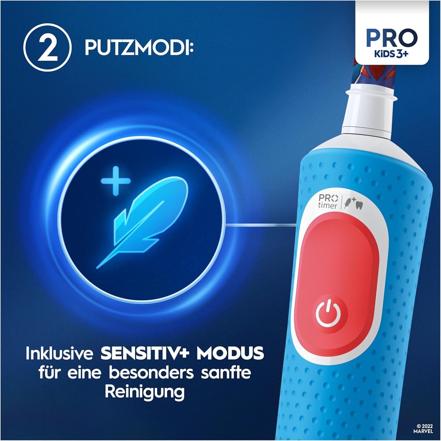 Електрична зубна щітка Oral-B Pro Kids Spiderman з режимом Sensitiv+, екстра м'якою щетиною, 1 насадкою, 1 дорожнім футляром, 4 наліпками, синьо-червона, фото №5