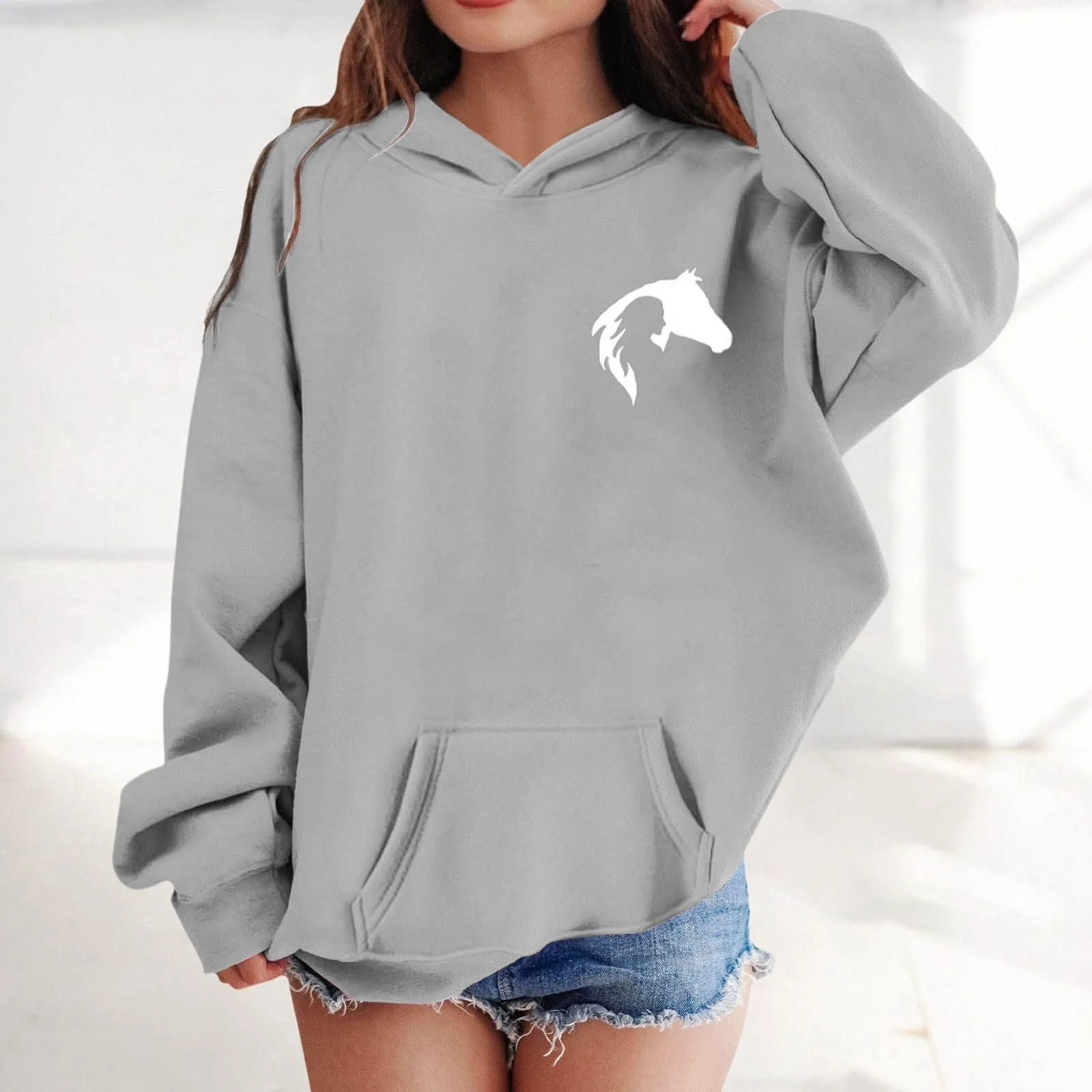 Толстовка для девочки с капюшоном и карманом, зимняя теплая флисовая кофта с милым принтом лошади, повседневный пуловер с длинными рукавами для малышей, фото №3