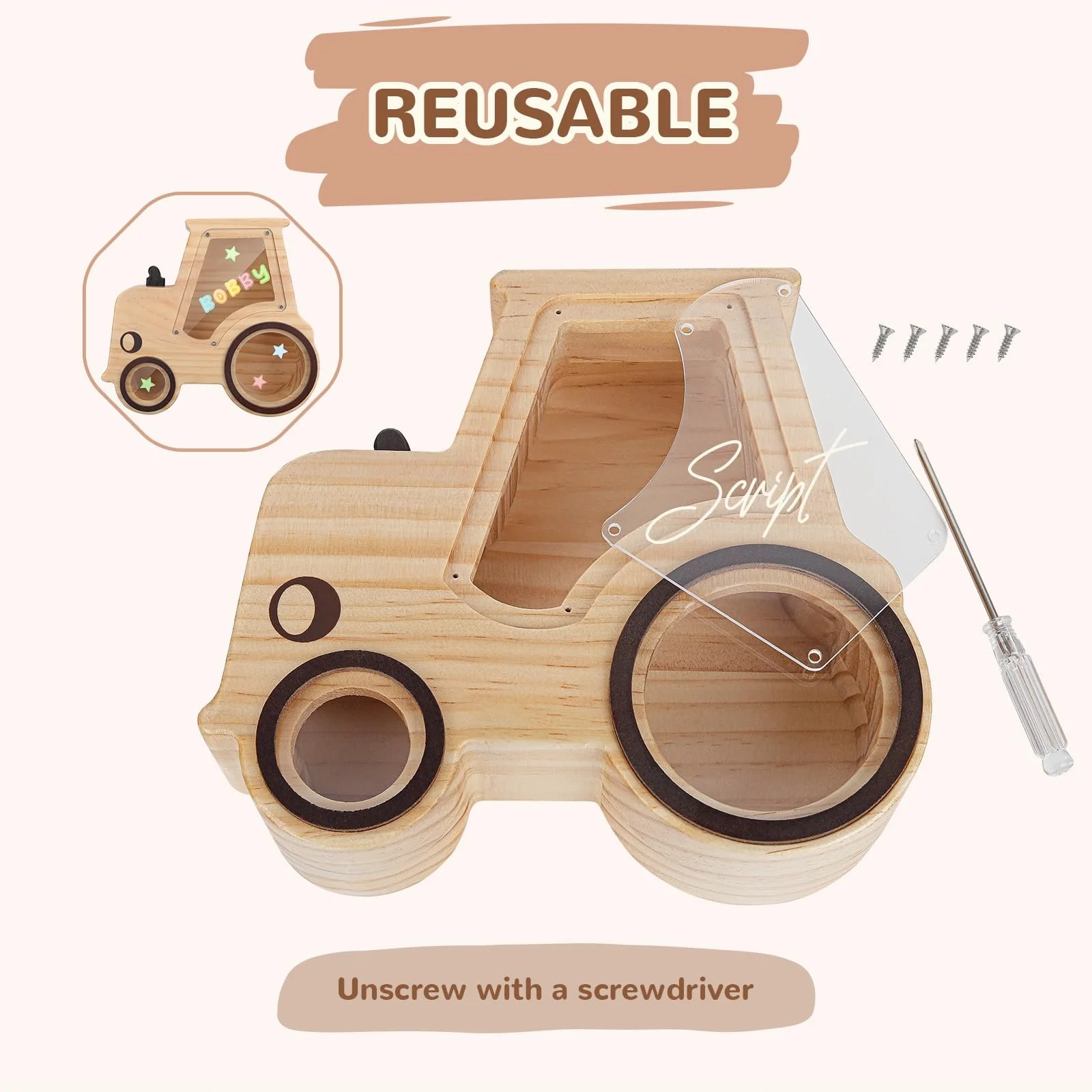 Скарбничка дерев'яна дитяча Трактор з маркером та наклейками, фото №6