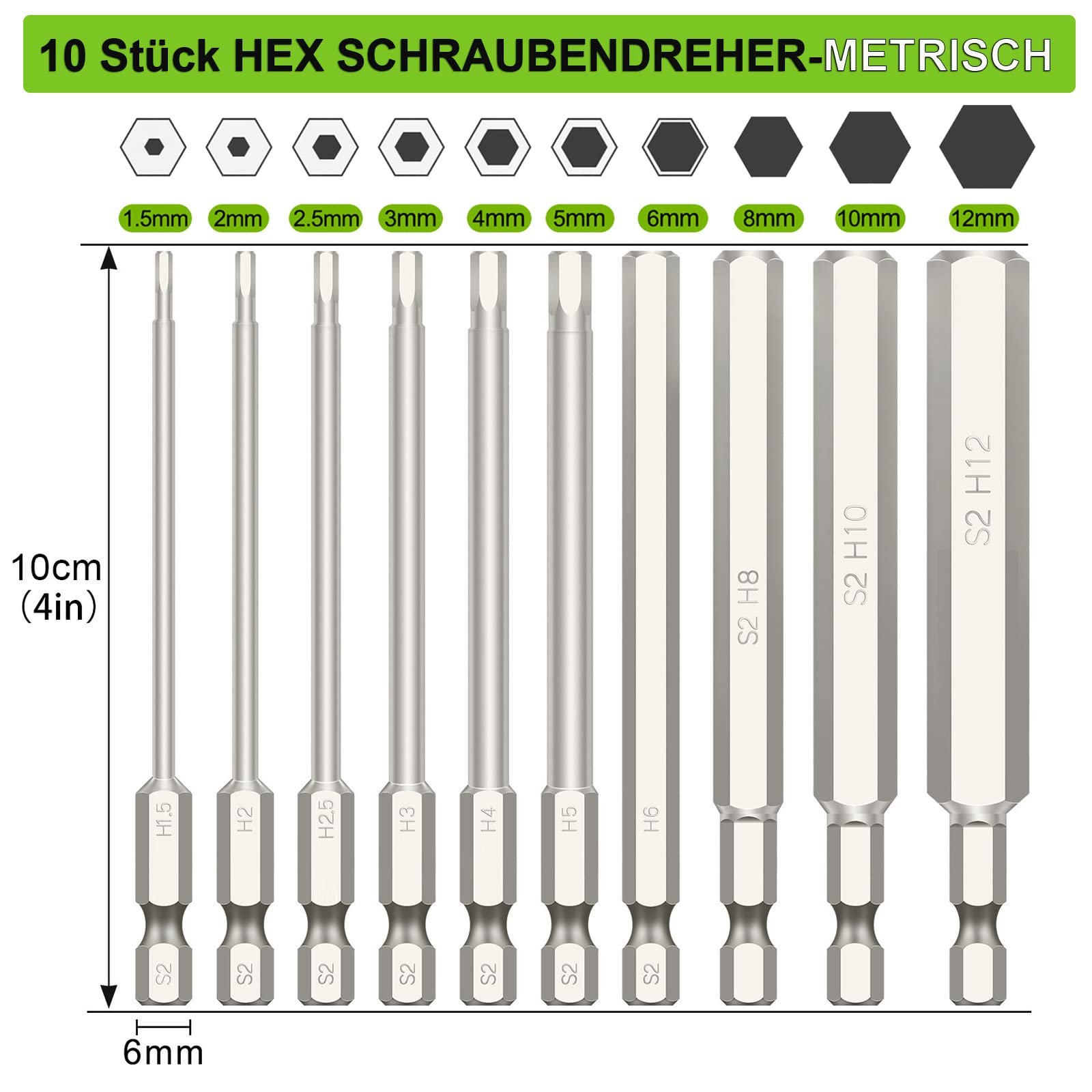 Набір викруток Hakkin 10 шт. 1/4 дюйма 100 мм шестигранний магнітний біт S2 Hex 1.5-12 мм Allen, фото №2 Набір викруток Hakkin 10 шт. 1/4 дюйма 100 мм шестигранний магнітний біт S2 Hex 1.5-12 мм Allen, фото №2