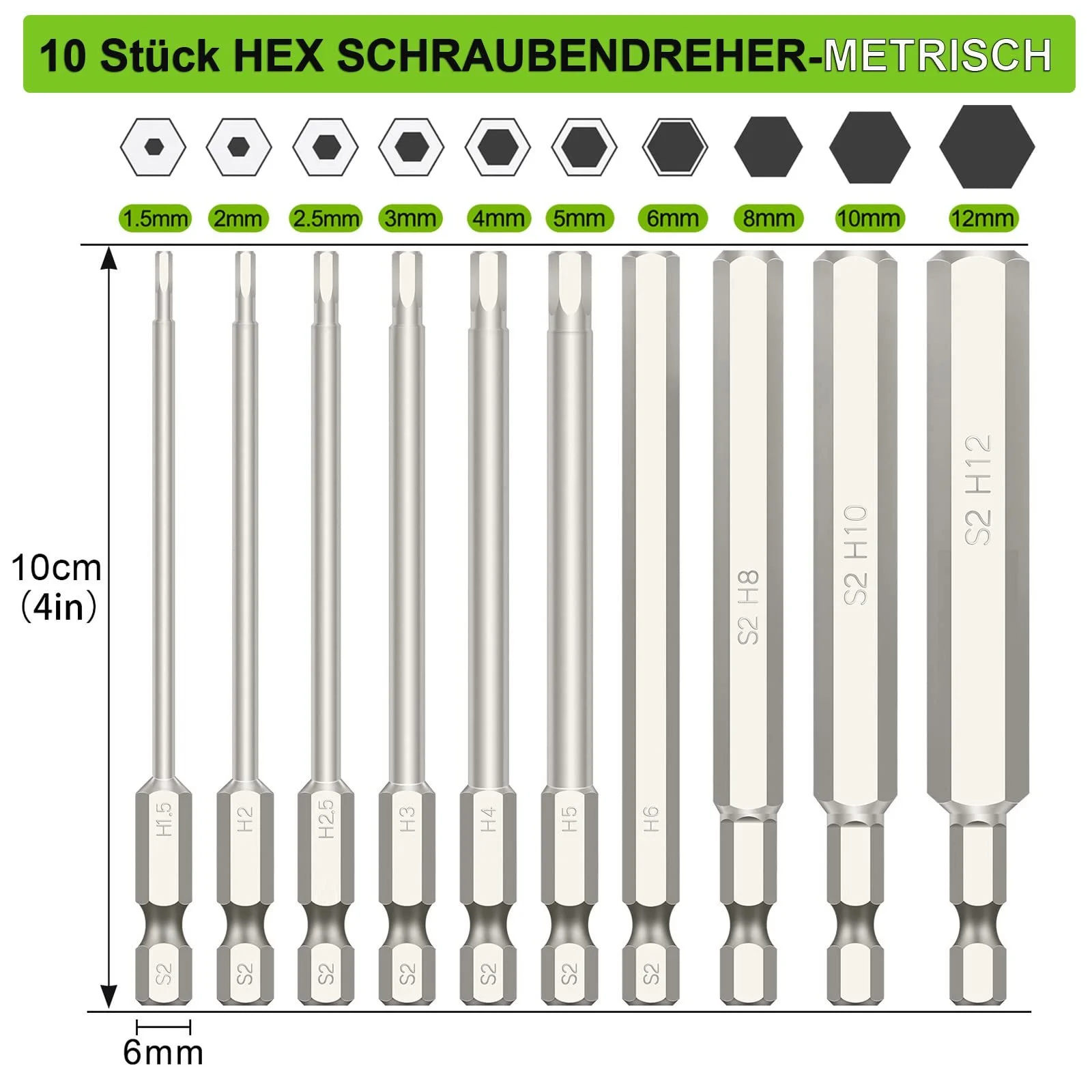 Набір викруток Hakkin 10 шт. 1/4 дюйма 100 мм шестигранний магнітний біт S2 Hex 1.5-12 мм Allen, фото №2