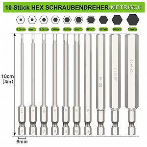 Набір викруток Hakkin 10 шт. 1/4 дюйма 100 мм шестигранний магнітний біт S2 Hex 1.5-12 мм Allen synthetic.ua - Фото 1