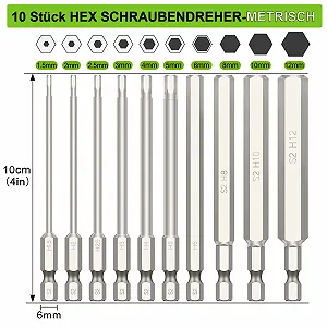 Набор отверток Hakkin 10 шт. 1/4 дюйма 100 мм шестигранный магнитный бит S2 Hex 1.5-12 мм Allen synthetic.ua - Фото 1