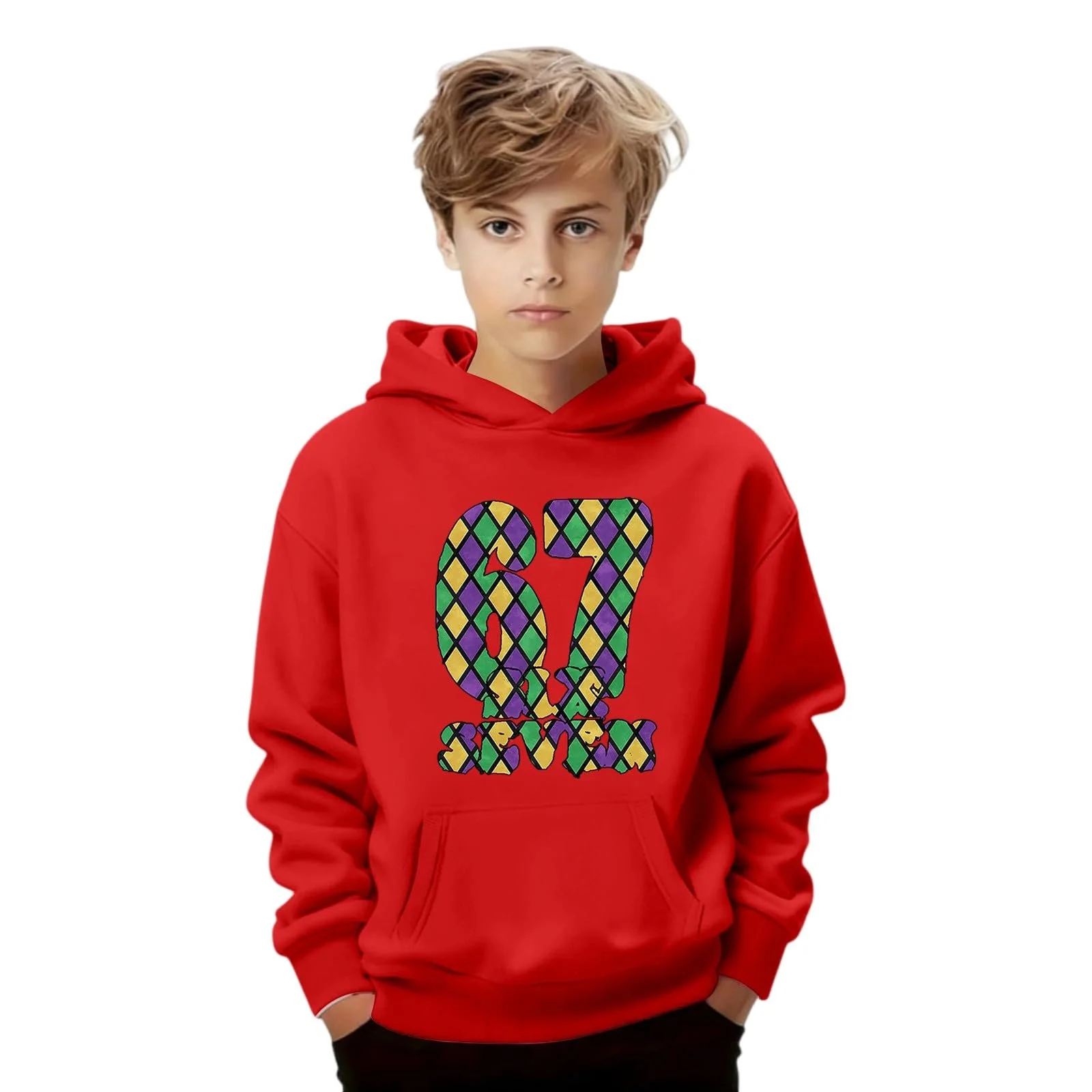 Худи 67 Детский худи с карнавальным узором, мягкий флисовый пуловер с карманом, фото №2