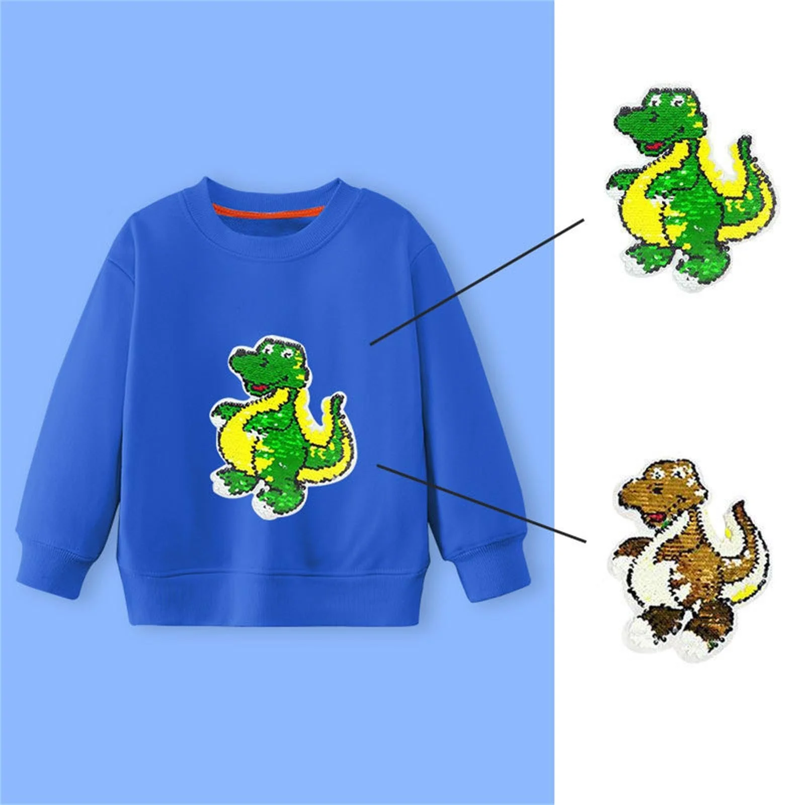 Худи для мальчиков и девочек Весна Разноцветные блестки Большие детские длинные рукава Повседневный мультяшный динозавр Узор для мальчиков Зимнее худи, фото №2