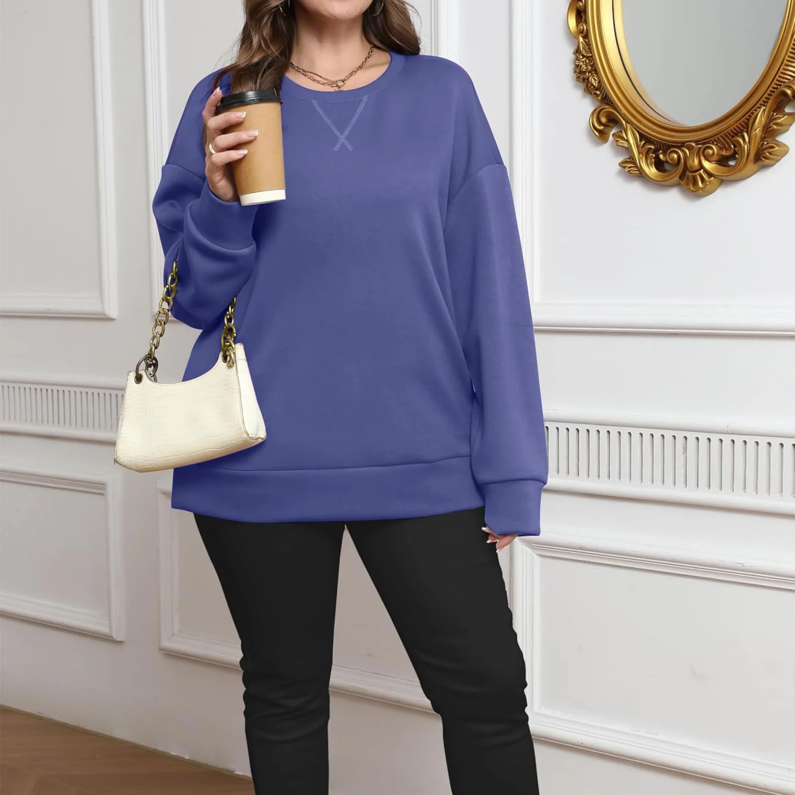 Свитшот NZYIHAO Женский Повседневный Однотонный Зимний С длинным Рукавом Круглый Вырез Джемпер С длинным Рукавом Топы без Капюшона Свободная Длинная Рубашка Мягкая Рубашка Туника Уличная одежда, фото №4