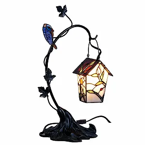 Настільна лампа Bieye L30617 Tiffany Style Stained Glass Birdhouse 21" Tall Pink Flower - Фото 1