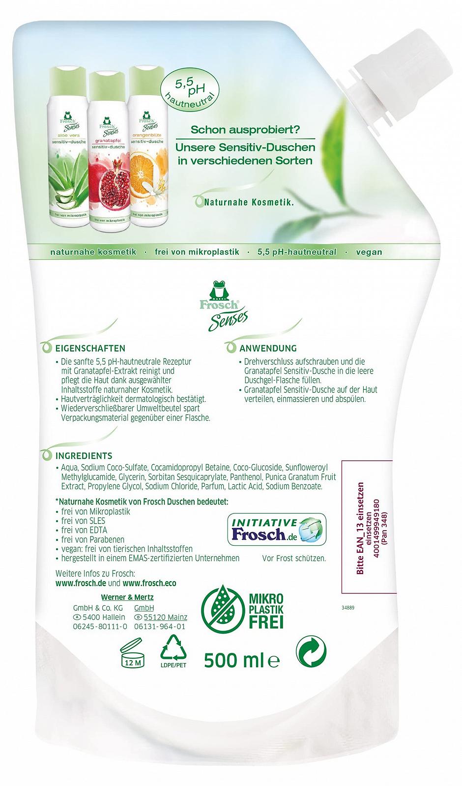 Гель для душа Frosch Senses Pomegranate Sensitive для чувствительной кожи pH-нейтральный 500 мл сменный пакет, фото №2