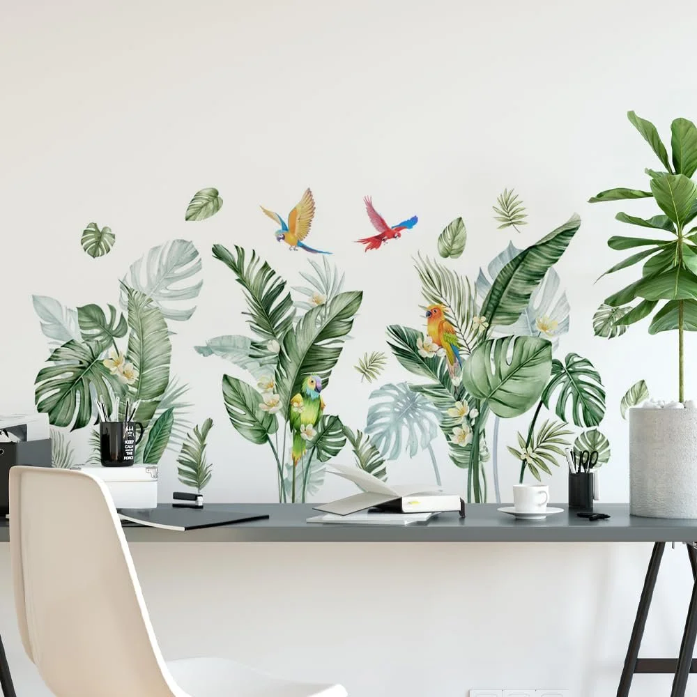 Наклейка на стіну milaosk Пальмове листя та папуги тропічні рослини самоклеюча, фото №3