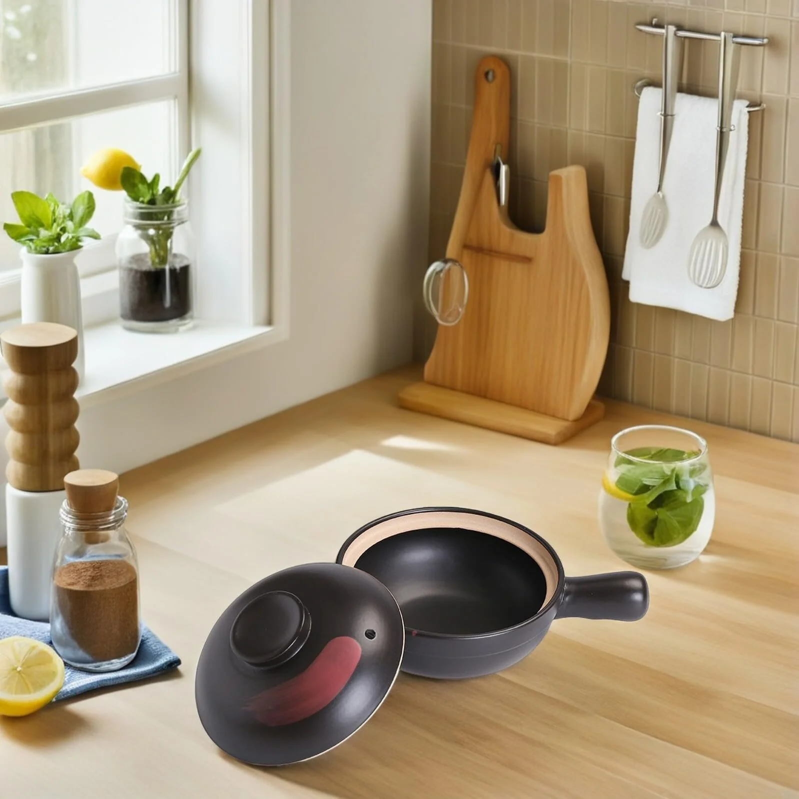 Глиняный горшок Toyvian термостойкий для газовой плиты Черный с красным рисунком, фото №6