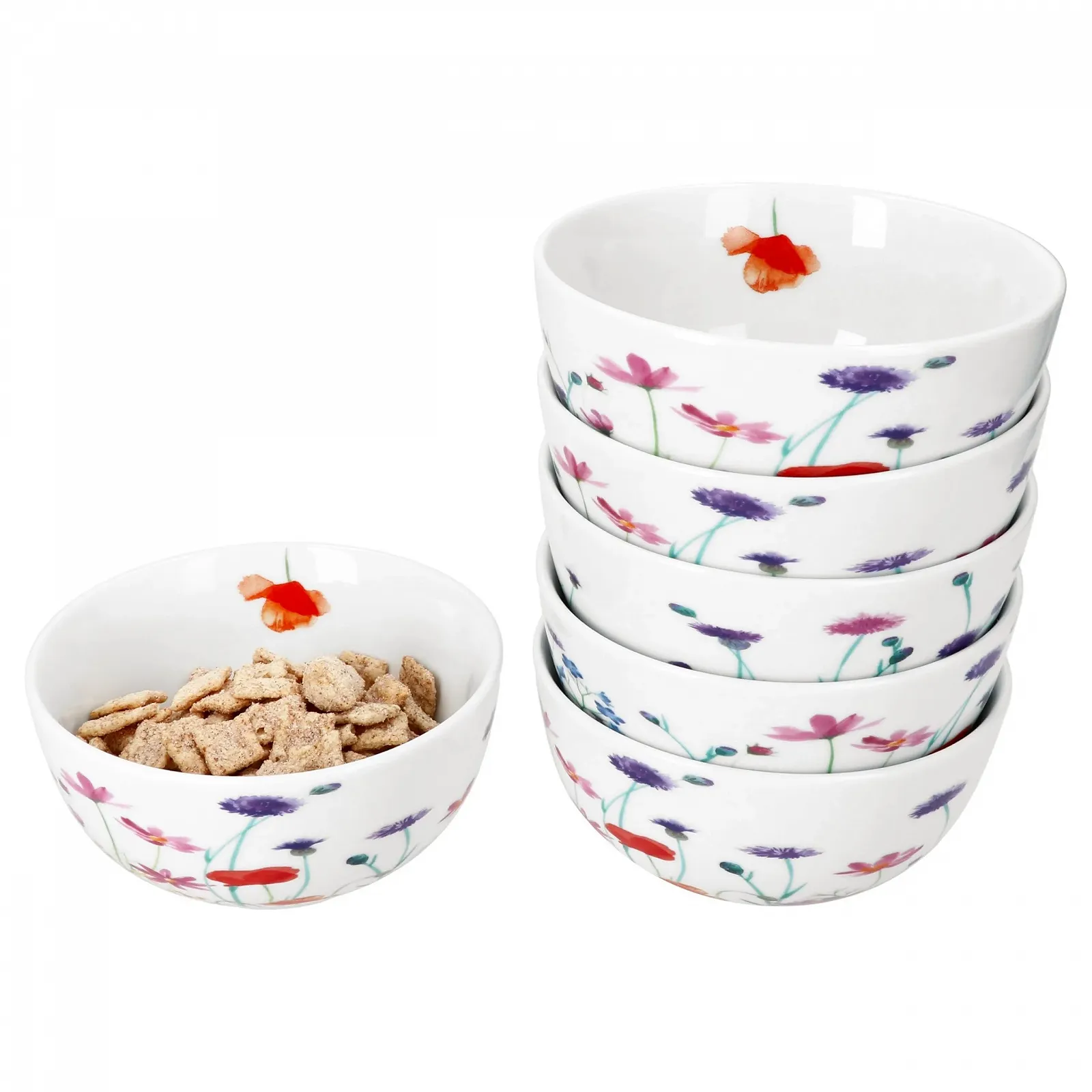 Миска MamboCat Marie 14 см 400 мл, набор 6 шт, фарфор, луг с цветами, фото №2