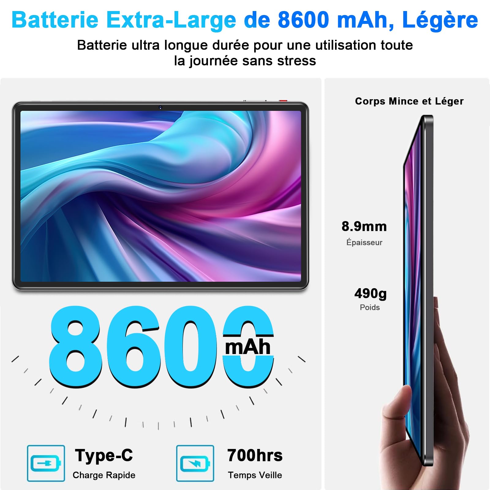 Планшет FACETEL 11-дюймовый Android 13 5G WiFi, GMS сертификация, Octa-Core RAM 16GB ROM 256GB TF 1TB | 8600mAh | 2000 x 1200 | 5MP + 13MP, с чехлом, Серый, фото №6