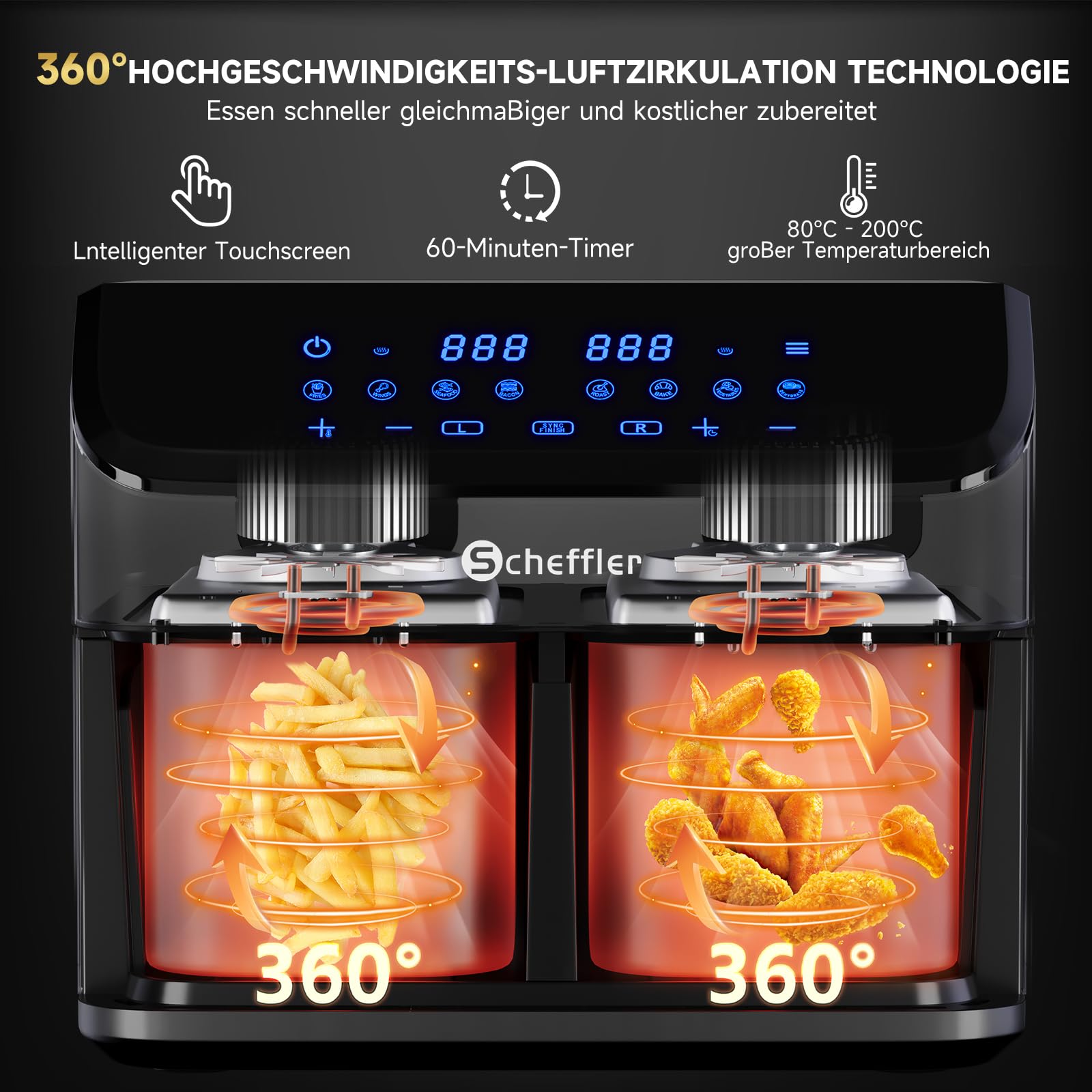 Мультипіч Scheffler 2 камери 9 л (2 x 4.5 л) 2000 Вт Dual Cook & Sync Finish 8 програм Сенсорний екран XXL, фото №4 Мультипіч Scheffler 2 камери 9 л (2 x 4.5 л) 2000 Вт Dual Cook & Sync Finish 8 програм Сенсорний екран XXL, фото №4