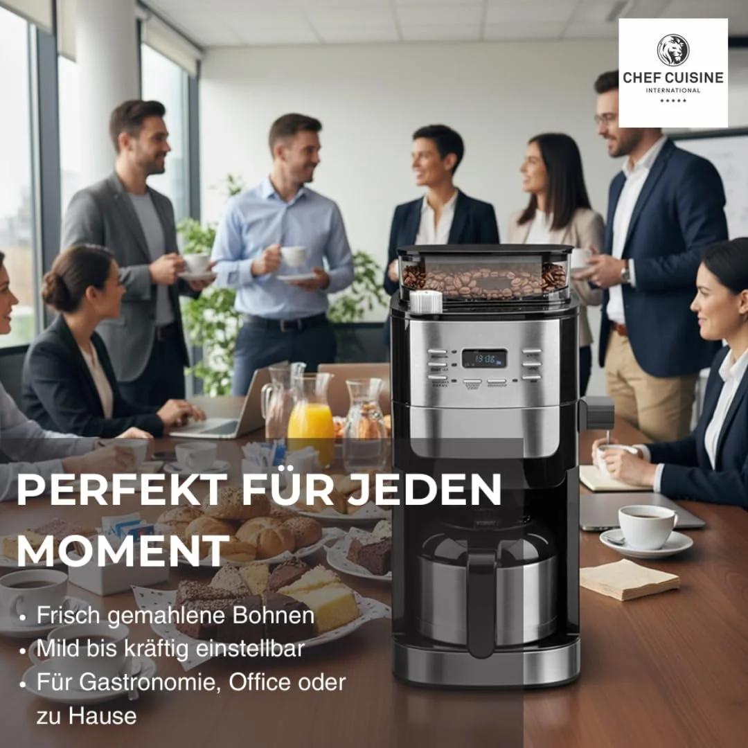 Капельная кофеварка CHEF CUISINE с кофемолкой и термосом 1050 Вт 12 чашек нержавеющая сталь черная, фото №4