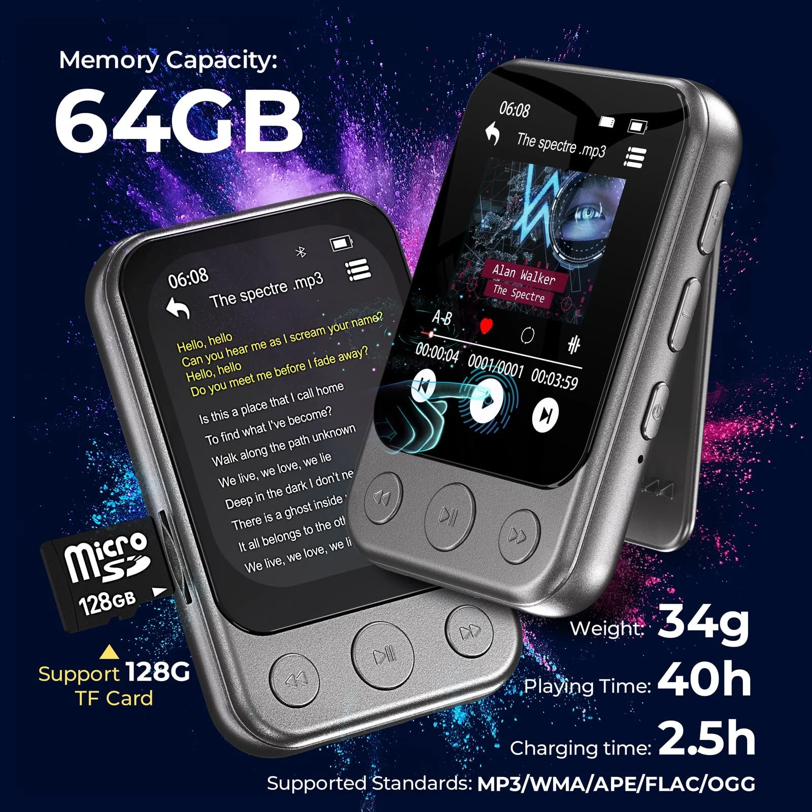 MP3-плеер 64GB Bluetooth 5.3 с клипсой и динамиком, спортивный музыкальный плеер с сенсорным экраном и кнопками, независимая регулировка громкости, FM-радио, запись голоса, расширение до 128GB, фото №4