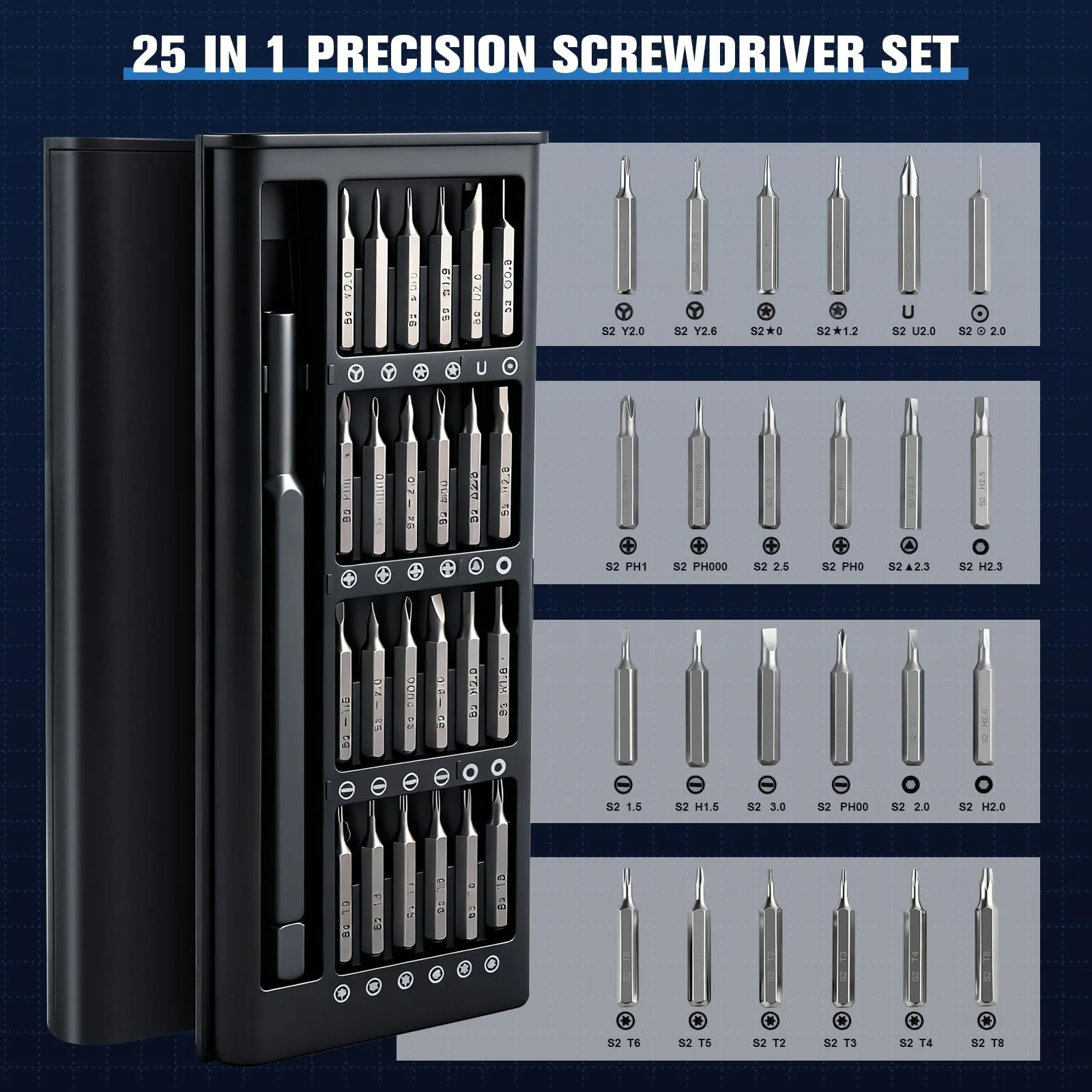 Набір міні-викруток 25 в 1 прецизійний магнітний для електроніки та годинників, фото №3