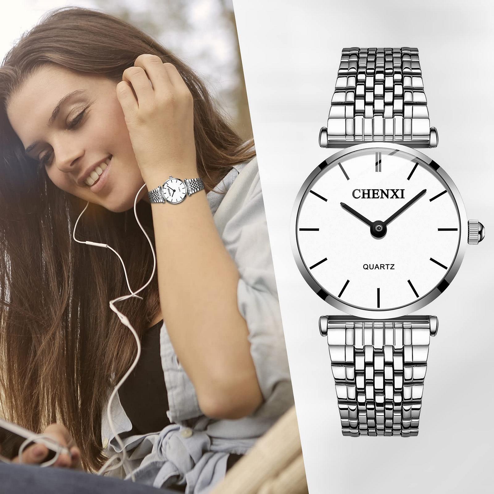 Парные часы Quartz Аналоговые JewelryWe Классические Простые Ультратонкие с браслетом из нержавеющей стали Серебряные, фото №4