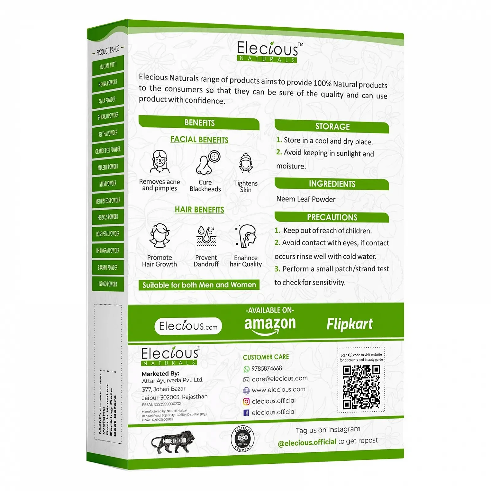 Порошок Elecious 100% Натуральный Нима Идеально подходит для лица и волос, против прыщей и антибактериальный, без химикатов, средство для мытья волос для здоровых волос, 200 г, фото №2