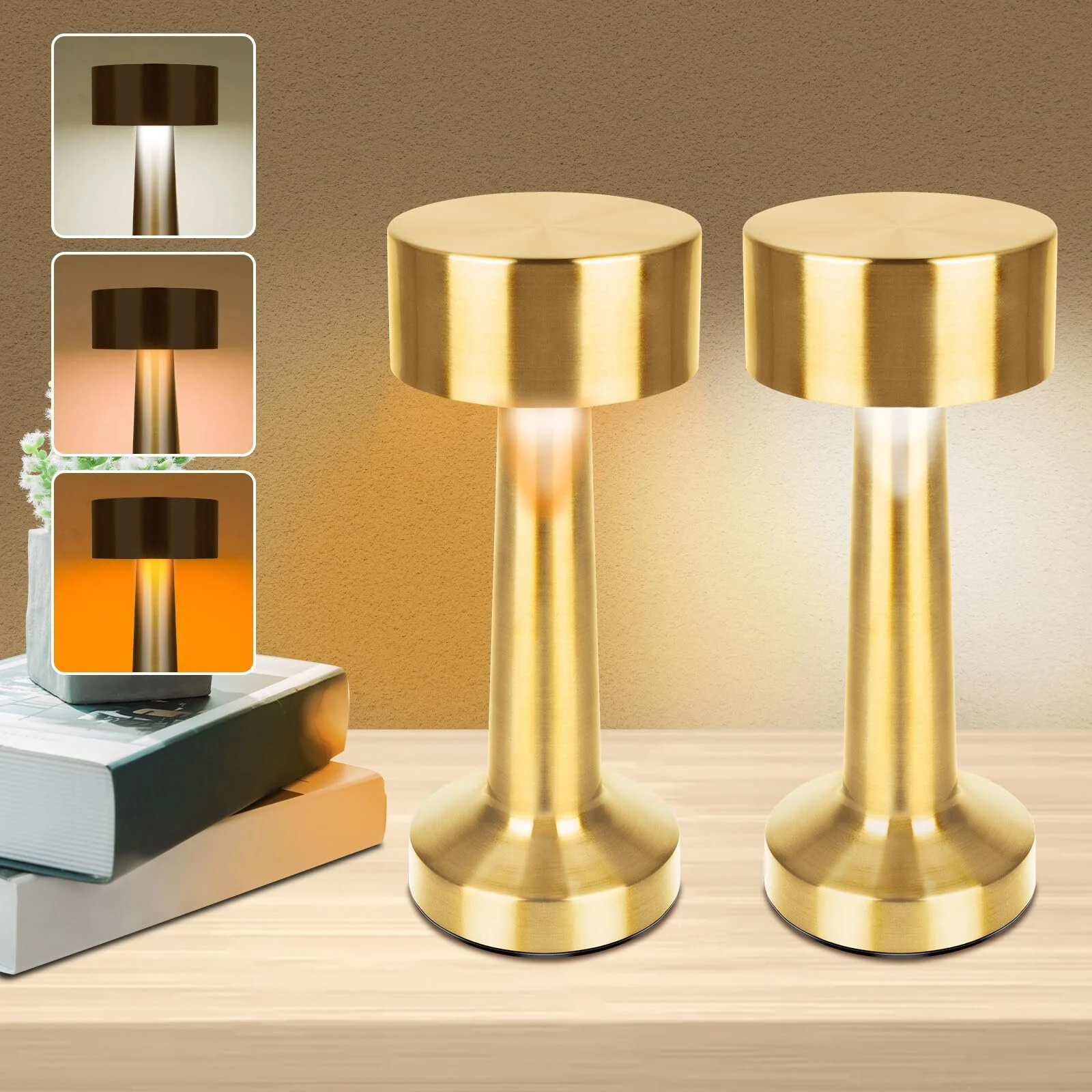 Настільна лампа LED 2-Piece Wireless USB Rechargeable Touch Dimmable 3-Level Gold, фото №1