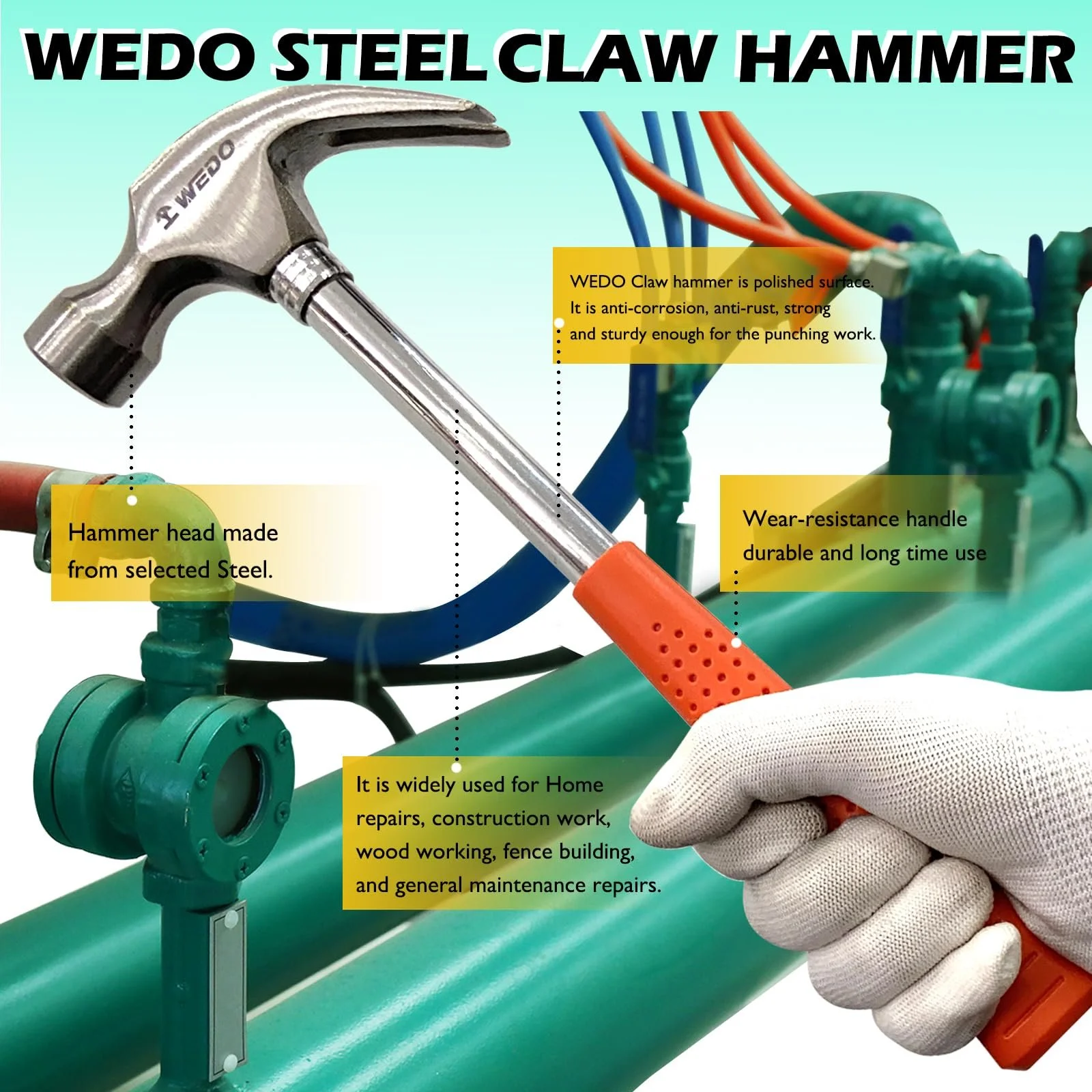 Молоток-гвоздодер WEDO 16oz/454 г углеродистая сталь нескользящая рукоятка 322 мм, фото №5 Молоток-гвоздодер WEDO 16oz/454 г углеродистая сталь нескользящая рукоятка 322 мм, фото №5