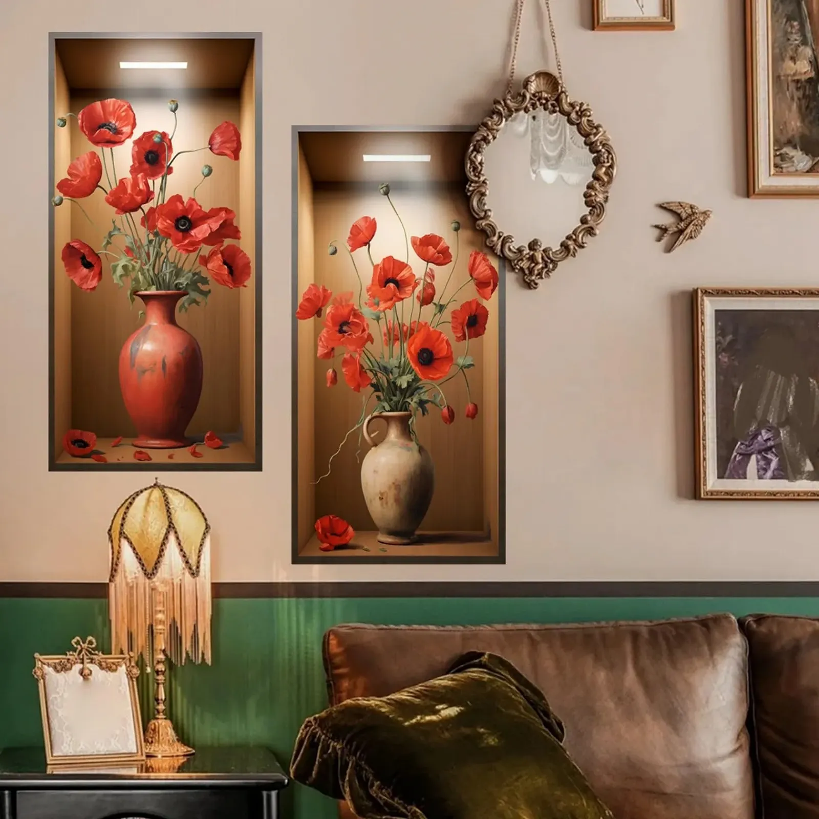 Наклейки на стіну 3D Green Plants 3D Vases Flowers 3D Red Flowers 30 x 60 см Зелені та червоні, фото №4