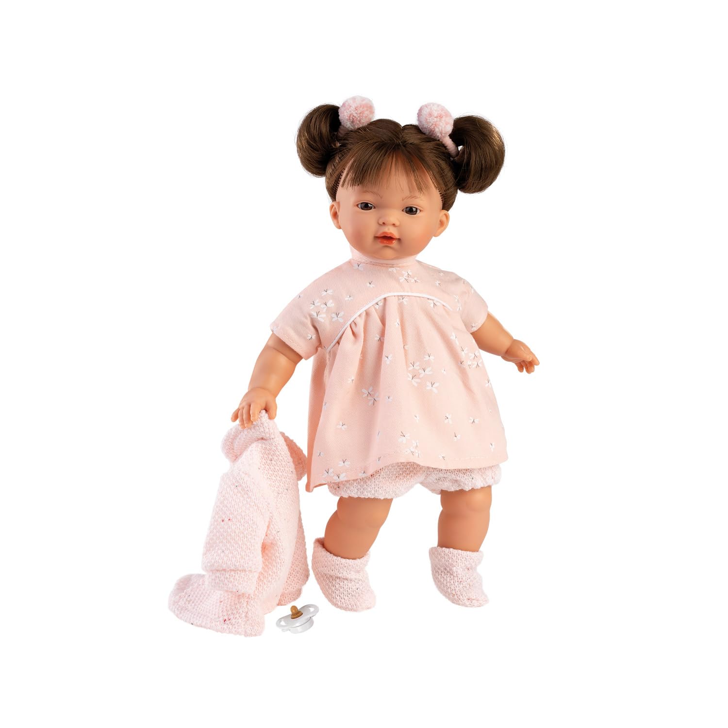 Кукла Llorens Vera 1013356 33 см брюнетка карие глаза мягкое тело розовый вязаный наряд, фото №2