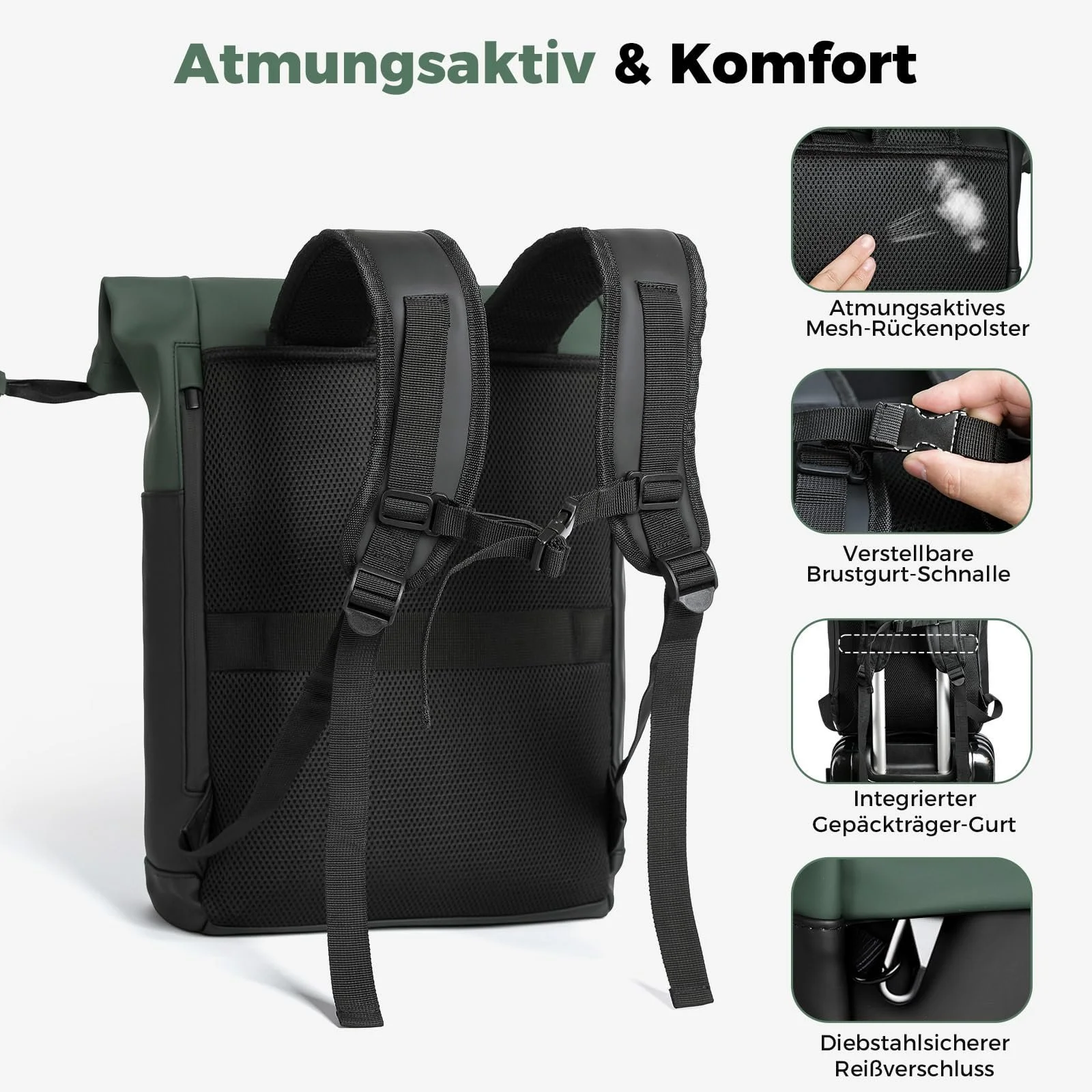 Рюкзак для ноутбука Rolltop Waterproof Expandable 18-25L 17 дюймів Green, фото №4 Рюкзак для ноутбука Rolltop Waterproof Expandable 18-25L 17 дюймів Green, фото №4