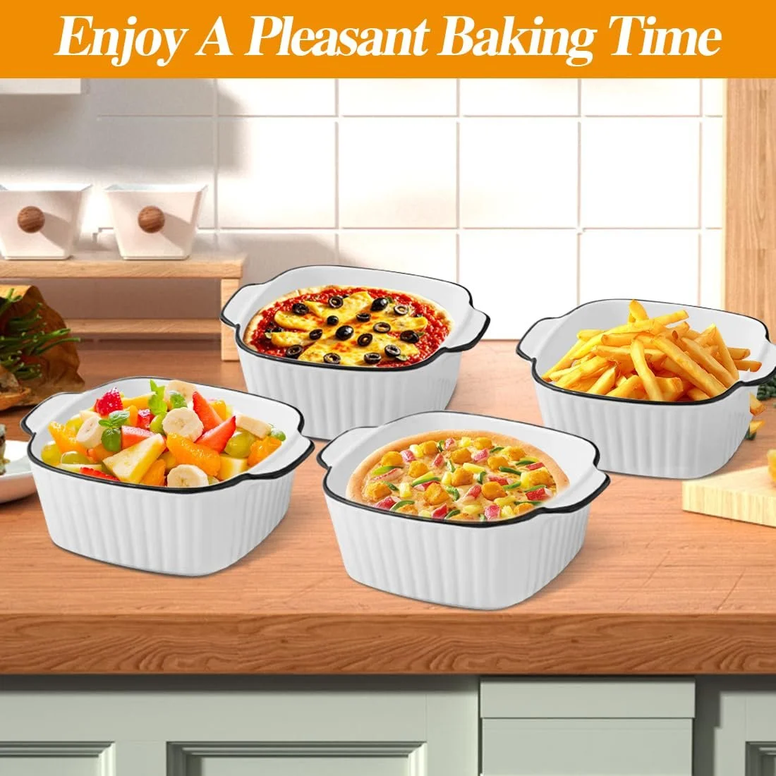 Набір форм для запікання керамічних квадратних з ручками 4 шт 14.5 x 11.5 x 5.5 см 400 мл, фото №7