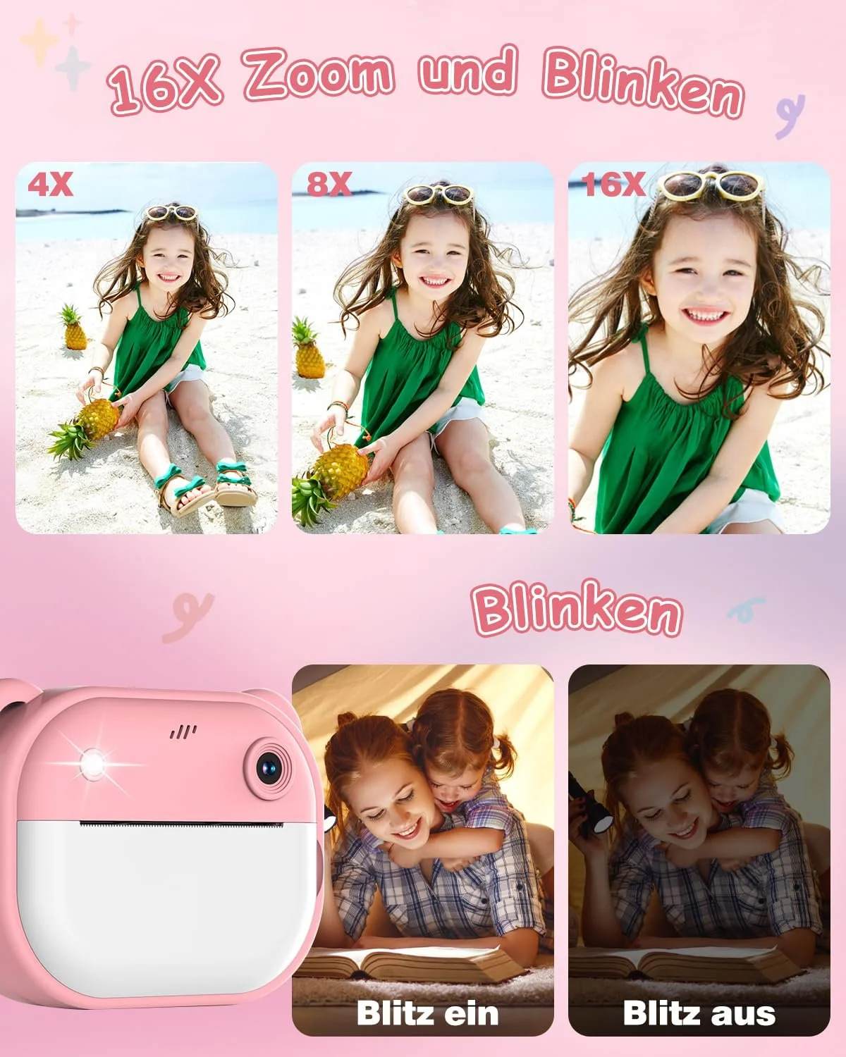 Детская цифровая фотокамера мгновенной печати 1080P Dual Lens 2-дюймовый экран с картой 32GB и бумагой для печати Розовая, фото №4