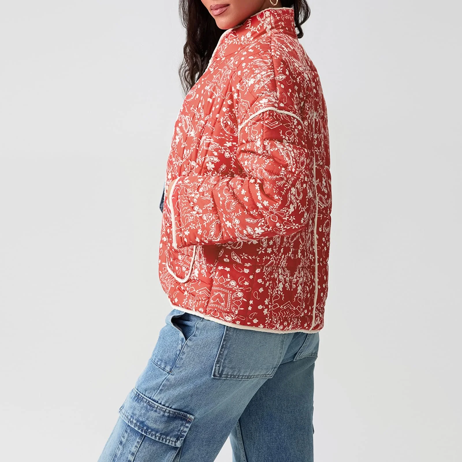 Женская куртка с цветочным принтом, укороченная, легкая, винтажная, этническая, утепленная, осень-зима, с длинными рукавами, фото №5