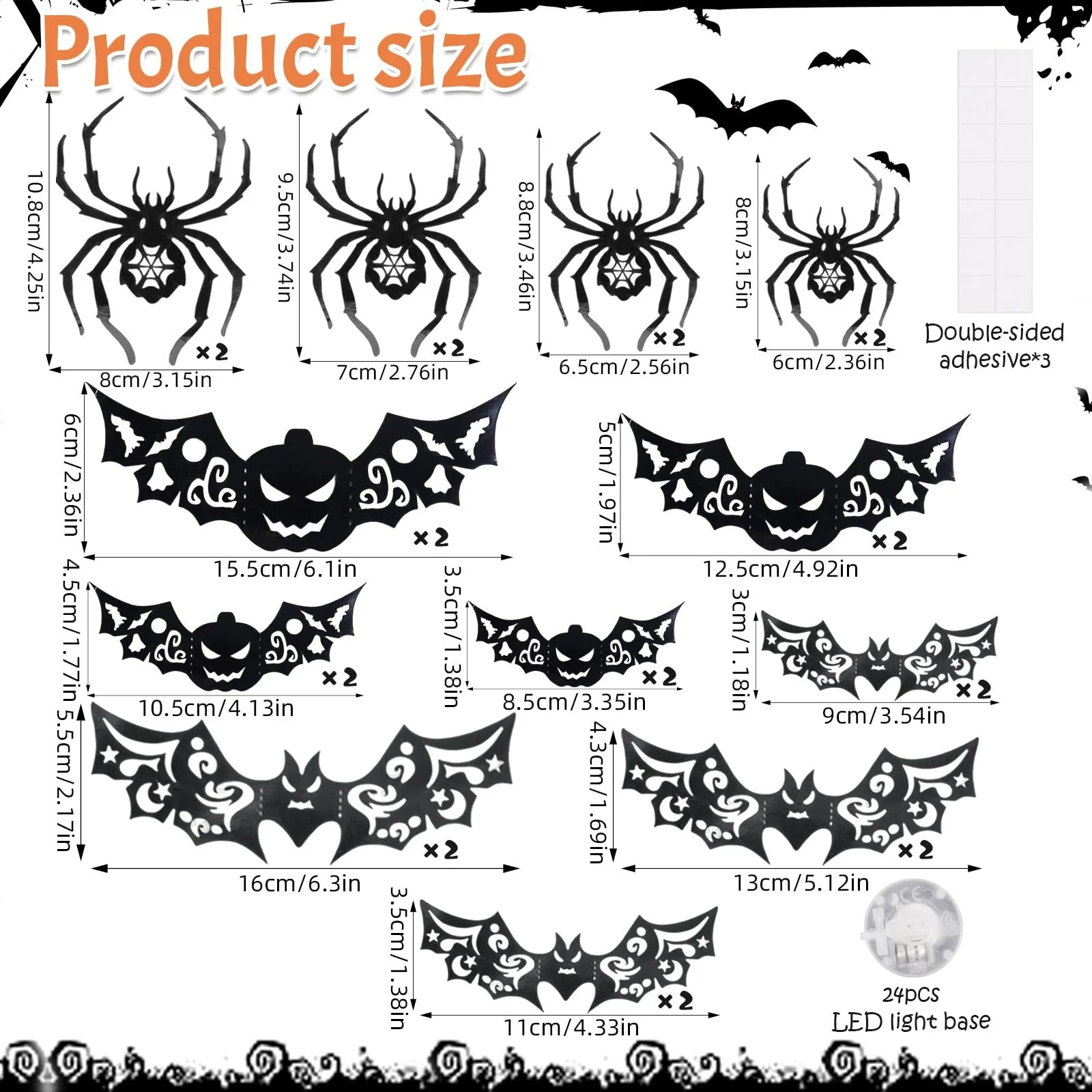 Набір наклейок для декору на Хелловін 24 LED Кажани Гарбузи Павуки 3D, фото №2