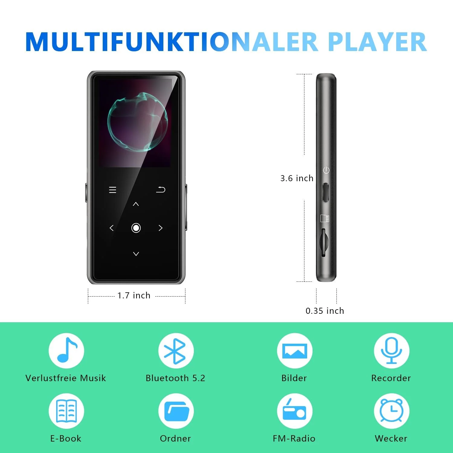 MP3 плеєр AiMoonsa 64GB Bluetooth 5.2, HD динамік, FM-радіо, диктофон, HiFi звук, функція електронної книги, навушники в комплекті, фото №7