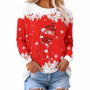 Рождественский Свитшот Женский Повседневный 2025 Однотонный Круглый вырез Свободный крой Длинный рукав Легкий Графический - Фото 1
