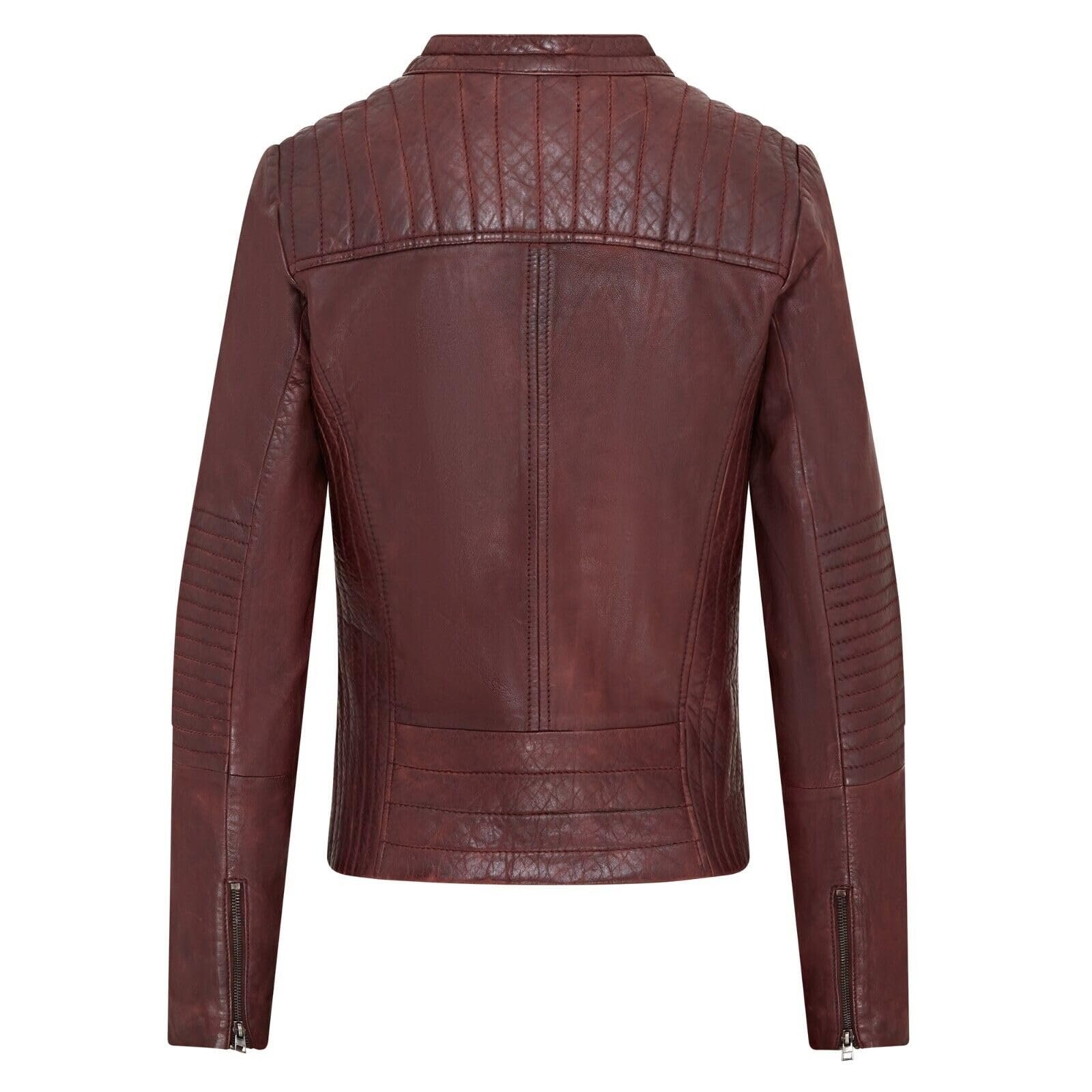 Кожаная Куртка Infinity Leather Классическая Мотоциклетная стеганая бордового цвета для женщин, фото №4