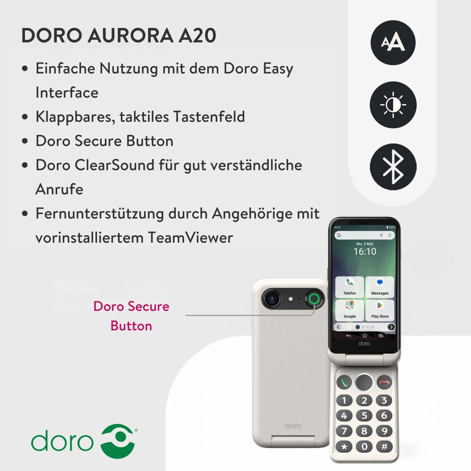 Смартфон-розкладачка Doro Aurora A20 для літніх людей з кнопкою допомоги GPS USB-кабель у комплекті Bone, фото №2 Смартфон-розкладачка Doro Aurora A20 для літніх людей з кнопкою допомоги GPS USB-кабель у комплекті Bone, фото №2